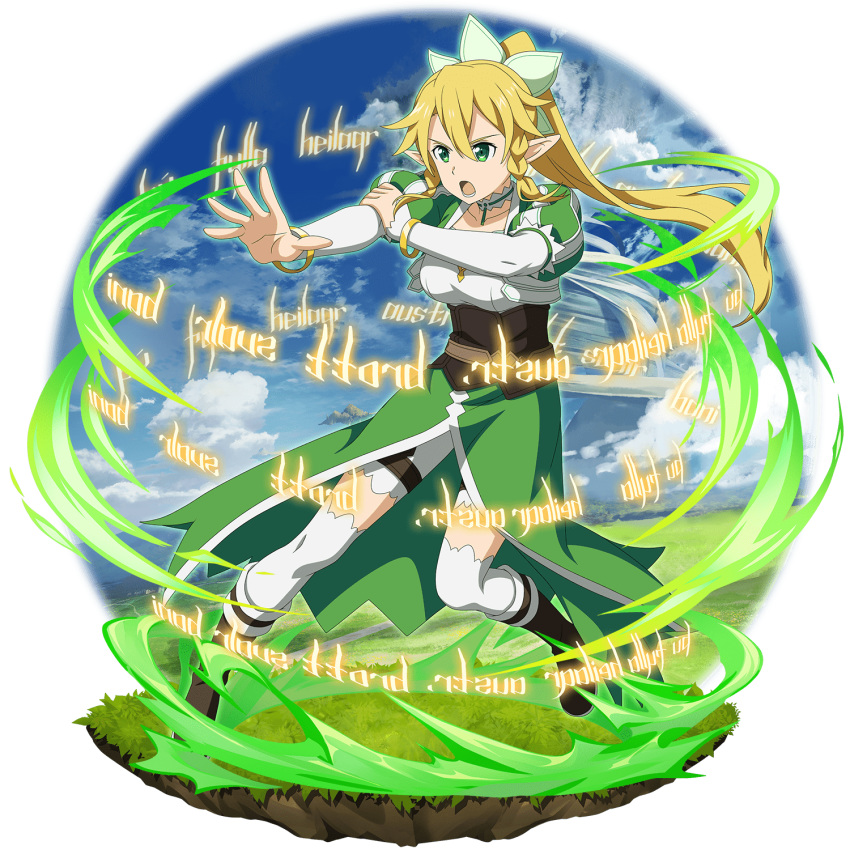1girl bangs black_footwear blonde_hair bracelet braid collarbone detached_sleeves faux_figurine floating_hair front_slit full_body green_eyes green_skirt hair_between_eyes hair_ornament high_ponytail highres jewelry leafa long_hair long_skirt long_sleeves official_art open_mouth pointy_ears shiny shiny_hair shorts shorts_under_skirt skirt solo sword_art_online sword_art_online:_code_register thighhighs transparent_background twin_braids very_long_hair white_legwear white_shorts white_sleeves