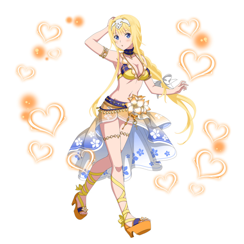 1girl alice_zuberg arm_up armlet armpits bangs bikini blonde_hair blue_eyes blush bow braid braided_ponytail breasts cleavage collarbone floating_hair full_body hair_bow hair_intakes hairband heart highres leg_ribbon long_hair looking_at_viewer medium_breasts navel official_art open_mouth ponytail ribbon shiny shiny_hair sidelocks solo standing swimsuit sword_art_online sword_art_online:_code_register transparent_background very_long_hair white_bow white_hairband yellow_bikini yellow_ribbon