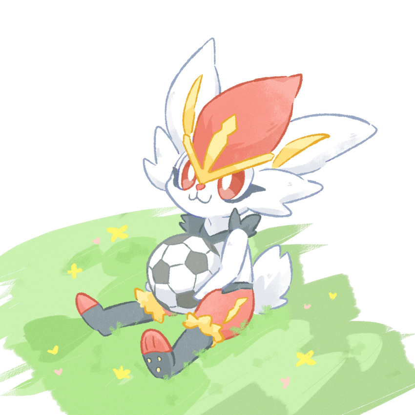 :3 akasaka_(qv92612) ball bunny cinderace closed_mouth commentary_request football_(object) fur gen_8_pokemon grass holding holding_ball looking_up no_humans pokemon pokemon_(creature) red_eyes sitting smile spread_legs