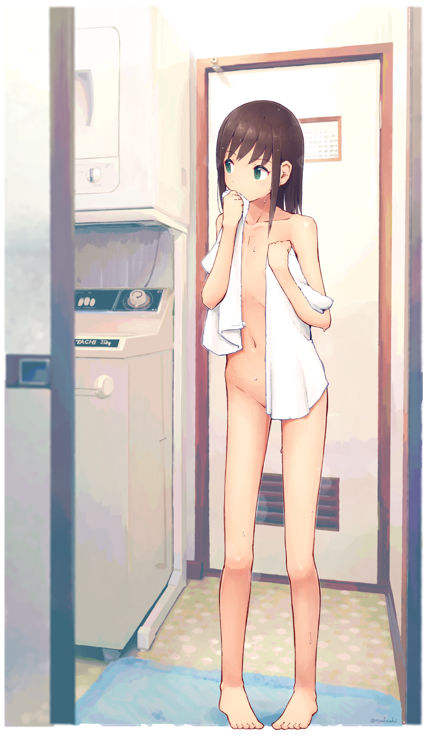 1girl absurdres bangs barefoot brown_hair carpet covering_mouth door eyebrows_visible_through_hair flat_chest fubuki_(kantai_collection) full_body green_eyes groin highres indoors kantai_collection looking_away looking_to_the_side nakaaki_masashi naked_towel navel short_hair signature solo standing stomach towel washing_machine wet