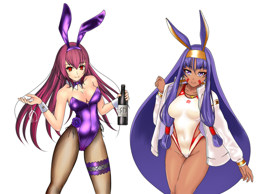 aiuti animal_ears bottle bow bowtie breasts bunny_ears bunny_girl bunny_tail bunnysuit cleavage commentary_request competition_swimsuit cowboy_shot cup dark_skin detached_collar drinking_glass earrings facial_mark fake_animal_ears fate/grand_order fate_(series) fishnet_legwear fishnets hoop_earrings jackal_ears jacket jewelry leg_garter leotard long_hair looking_at_viewer low-tied_long_hair medium_breasts nitocris_(fate/grand_order) one-piece_swimsuit pantyhose purple_eyes purple_hair purple_leotard purple_neckwear red_eyes scathach_(fate)_(all) scathach_(fate/grand_order) simple_background strapless strapless_leotard swimsuit tail white_background white_jacket white_swimsuit wine_bottle wine_glass wrist_cuffs