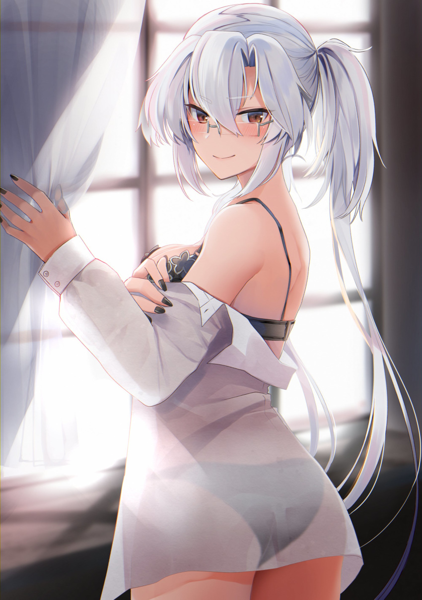 1girl absurdres alternate_costume ass black_bra black_panties bra commentary_request curtains dark_skin dress_shirt hair_between_eyes highres kantai_collection long_hair musashi_(kantai_collection) nail_polish panties ponytail red_eyes see-through semi-rimless_eyewear shirt silver-framed_eyewear silver_hair solo under-rim_eyewear underwear white_shirt window yunamaro