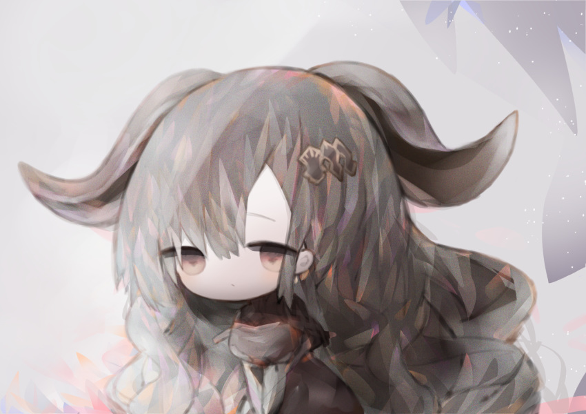 1girl bangs black_dress black_hair breasts brown_eyes character_request closed_mouth commentary_request cottontailtokki curled_horns dress eyebrows_behind_hair hair_between_eyes hair_ornament horns long_hair looking_away medium_breasts shadowverse shingeki_no_bahamut solo very_long_hair