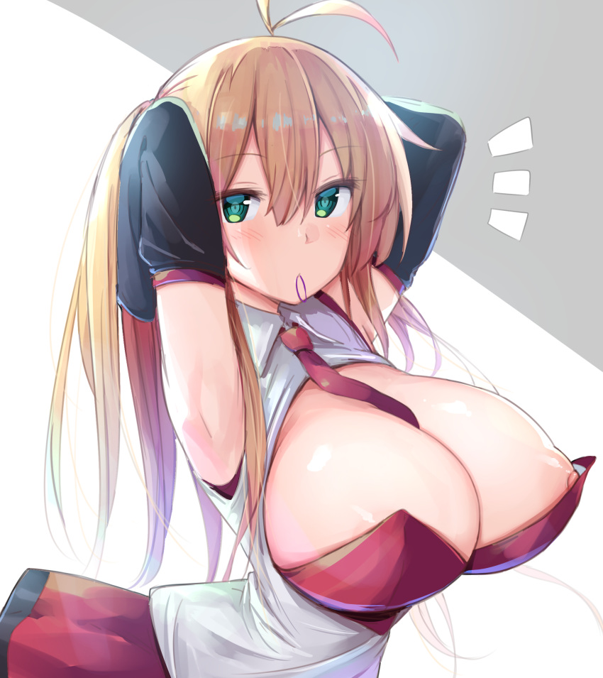 1girl absurdres antenna_hair armpits arms_up between_breasts blonde_hair blush breasts chipa_(arutana) cleavage detached_sleeves dress eyebrows_visible_through_hair green_eyes grey_background hair_between_eyes highres large_breasts long_hair looking_at_viewer mouth_hold necktie necktie_between_breasts nipples open_mouth red_dress red_neckwear shirt solo tsurumaki_maki two-tone_background upper_body voiceroid white_background white_shirt