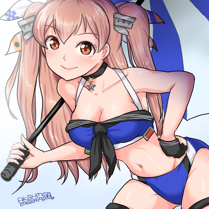1girl bikini black_gloves blue_background blue_bikini blue_umbrella breasts brown_eyes choker cleavage cowboy_shot dated gloves gradient gradient_background hamu_agaki hand_on_hip highres johnston_(kantai_collection) kantai_collection leaning_forward light_brown_hair long_hair medium_breasts race_queen single_glove solo swimsuit twitter_username two_side_up umbrella