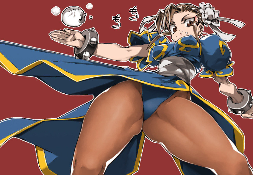 1girl :t ass_visible_through_thighs baozi blue_dress bracelet breasts brown_eyes brown_hair brown_legwear bun_cover china_dress chinese_clothes chun-li covered_nipples double_bun dress eating food food_on_face from_below impossible_clothes impossible_dress jewelry looking_at_viewer medium_breasts outline pantyhose pelvic_curtain pelvic_curtain_aside puffy_short_sleeves puffy_sleeves red_background sash short_sleeves sidelocks solo spiked_bracelet spikes street_fighter street_fighter_ii_(series) thick_thighs thighs ysk!