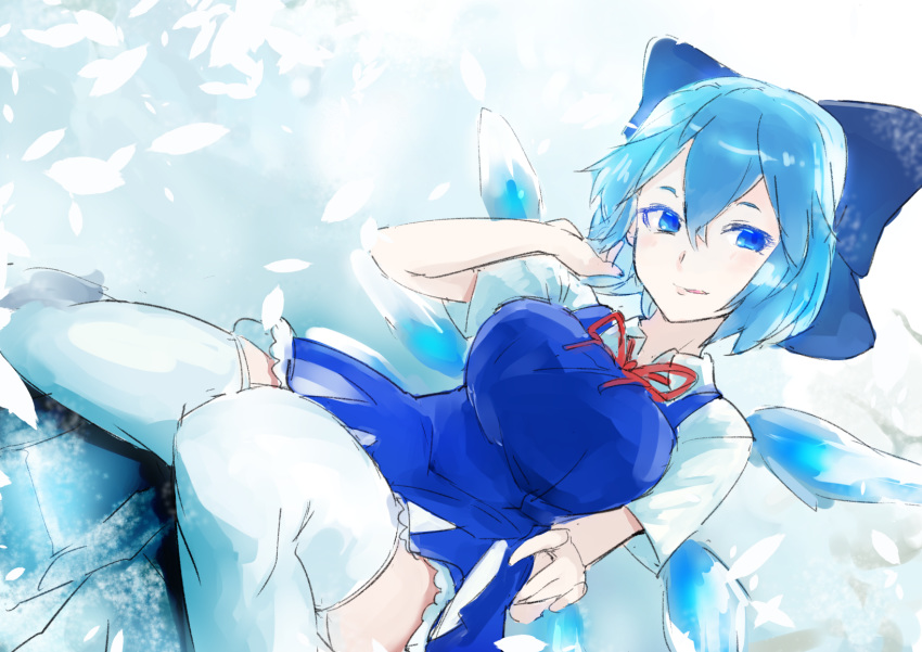 1girl blue_bow blue_eyes blue_hair bow breasts cirno commentary_request dutch_angle hair_between_eyes highres ice ice_wings licking_lips looking_at_viewer medium_breasts neck_ribbon older petals ribbon short_hair sinzan sitting skirt skirt_lift smile solo thighhighs thighs tongue tongue_out touhou wariza white_legwear wings