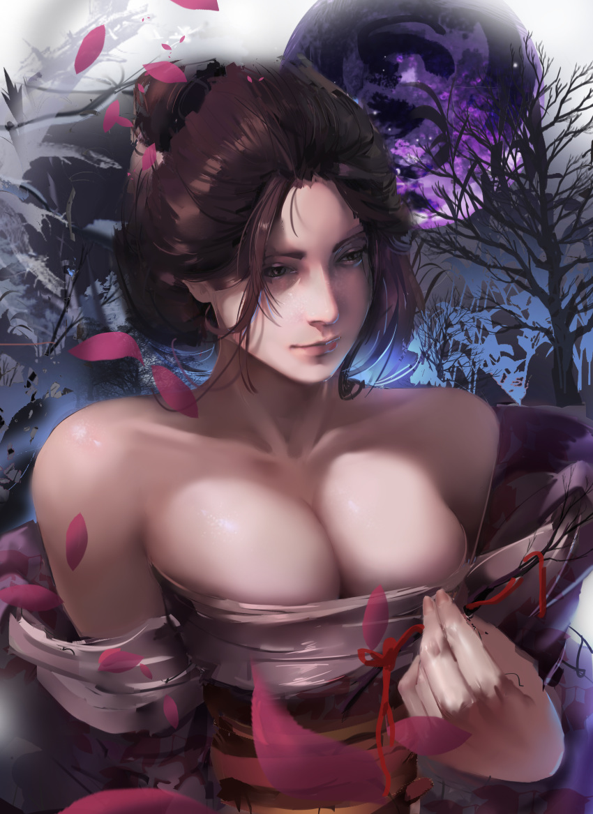 1girl absurdres bangs bare_shoulders black_hair breasts cleavage closed_mouth collarbone emma_the_gentle_blade grey_eyes hair_bun highres holding japanese_clothes kimono large_breasts mikakuwa petals sekiro:_shadows_die_twice short_hair solo tree tree_branch