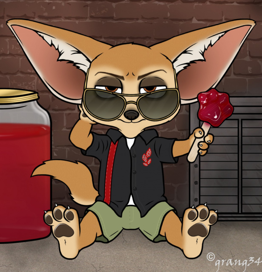 3_toes alley anthro barefoot bottomwear canid canine claws clothed clothing disney eyewear feet fennec finnick food foot_focus fox fully_clothed grang34 hi_res jar looking_at_viewer male mammal outside pawpads pawpsicle paws popsicle shirt shorts soles solo sunglasses toe_claws toes topwear zootopia