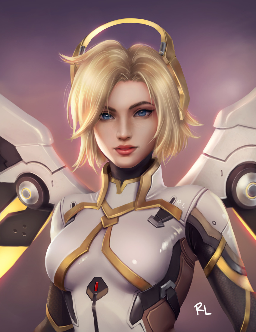 1girl artist_name blonde_hair blue_eyes bodysuit breasts commentary english_commentary glowing glowing_wings highres light_smile lips looking_at_viewer mechanical_halo mechanical_wings medium_breasts mercy_(overwatch) messy_hair nose overwatch pink_lips purple_background raymund_lota realistic shiny shiny_clothes short_hair signature solo upper_body white_bodysuit wings yellow_wings