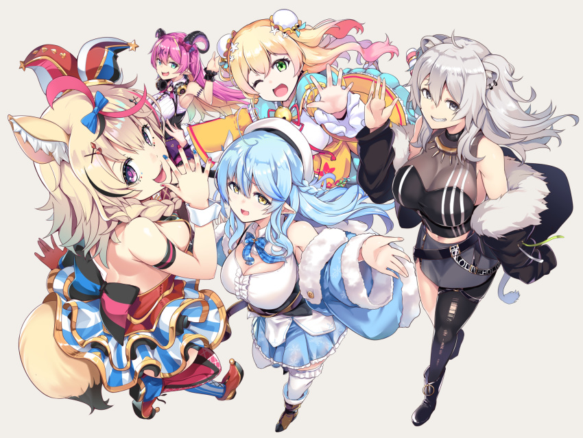 5girls ahoge animal_ears bangs bare_shoulders beret blonde_hair blue_hair blush bow braid breasts bun_cover detached_sleeves double_bun earrings elf eyebrows_visible_through_hair fennec_fox flower fox_ears fox_girl fur-trimmed_jacket fur_trim green_eyes grey_eyes grey_hair hair_between_eyes hair_flower hair_ornament hat heart highres hololive jacket jester_cap jewelry large_breasts lion_ears lion_girl long_hair looking_at_viewer mano_aloe momosuzu_nene multicolored_hair multiple_girls muneshiro_(hitsuji_kikaku) necklace omaru_polka open_mouth pink_hair pointy_ears purple_eyes shirt shishiro_botan smile virtual_youtuber yellow_eyes yukihana_lamy