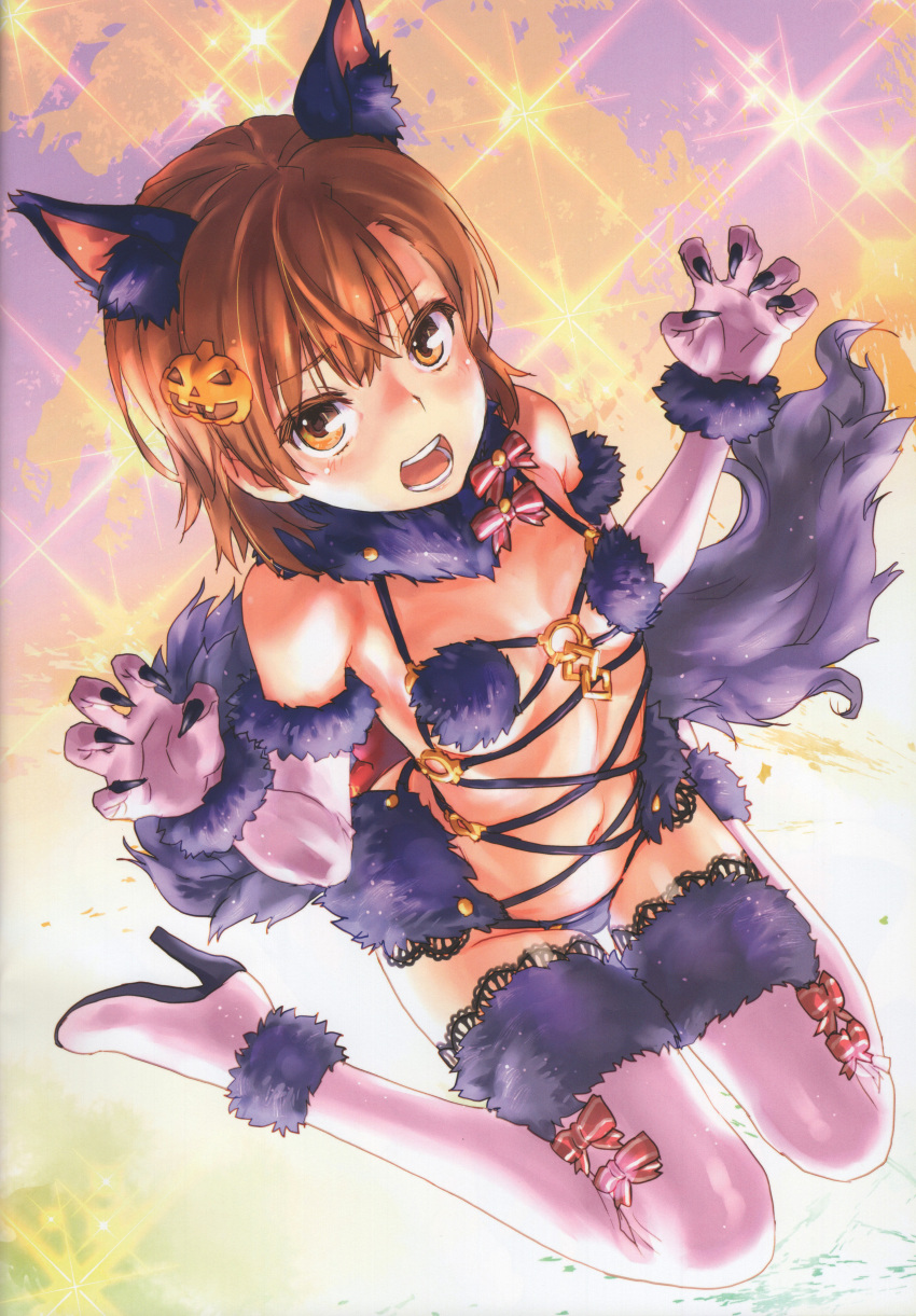 1girl absurdres animal_ears brown_eyes brown_hair cosplay dangerous_beast elbow_gloves fang fate/grand_order fate_(series) fingernails fur_trim gloves highres huge_filesize long_fingernails looking_at_viewer mash_kyrielight mash_kyrielight_(cosplay) misaka_mikoto open_mouth raika9 revealing_clothes scan short_hair solo tail thighhighs to_aru_kagaku_no_railgun to_aru_majutsu_no_index wolf_ears wolf_tail