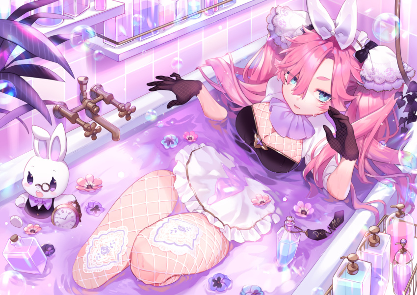 animal apron aqua_eyes bath bathtub breasts bubbles cleavage flowers gloves headdress maid original pink_hair rabbit sa9no stockings waifu2x