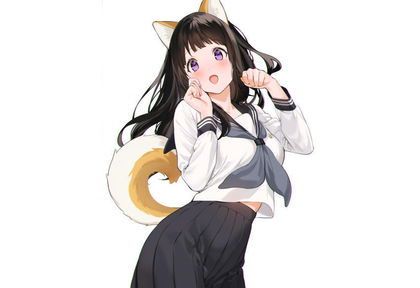 animal_ears black_hair blush chitanda_eru doggirl hyouka long_hair mery_(apfl0515) purple_eyes school_uniform skirt tail third-party_edit white