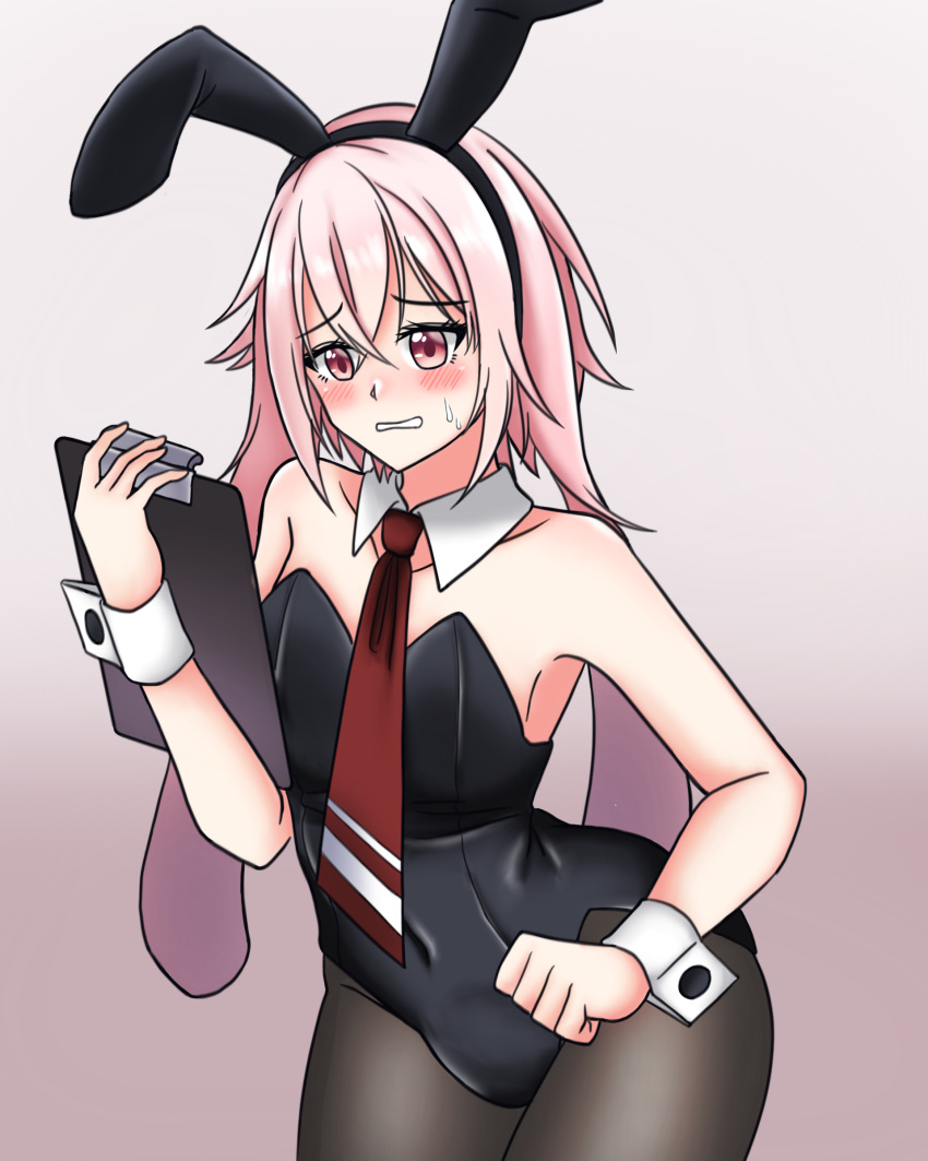 1boy absurdres ansel_(arknights) arknights blush bulge bunny_boy bunnysuit detached_collar highres navel otoko_no_ko pantyhose pink_eyes pink_hair rynn_(darknescorez) solo sweatdrop wrist_cuffs