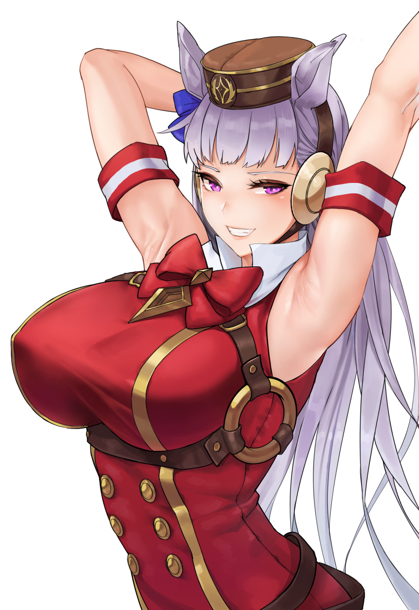 1girl absurdres animal_ears arm_behind_head armpits arms_up bangs bow bowtie breasts brown_headwear gold_ship_(umamusume) grin hair_bow highres horse_ears horse_girl large_breasts long_hair looking_at_viewer mute_(mute89539160) outstretched_arm presenting_armpit purple_bow purple_eyes purple_hair red_bow red_bowtie red_shirt shirt simple_background sleeveless sleeveless_shirt smile solo teeth umamusume white_background