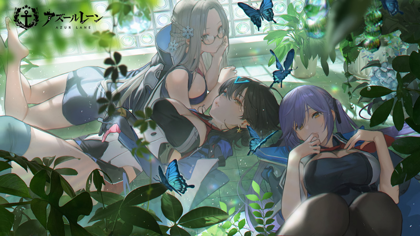 anthropomorphism azur_lane bicolored_eyes black_hair blue_hair butterfly cape elbow_gloves essex_(azur_lane) georgia_(azur_lane) glasses gloves gray_eyes gray_hair lalil-le logo long_hair pantyhose shangri-la_(azur_lane) short_hair thighhighs twintails uniform yellow_eyes