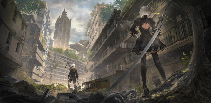 1boy 1girl absurdres back_cutout black_dress black_footwear black_gloves black_jacket blindfold boots building closed_mouth cloud cloudy_sky double-breasted dress gloves hand_on_hip high_heel_boots high_heels highres jacket juliet_sleeves long_sleeves long_sword nier_(series) nier_automata outdoors post-apocalypse puffy_sleeves rayxray roots ruins scenery short_dress short_hair sky skyscraper sword thigh_boots thighhighs tire tree weapon white_hair yorha_no._2_type_b yorha_no._9_type_s