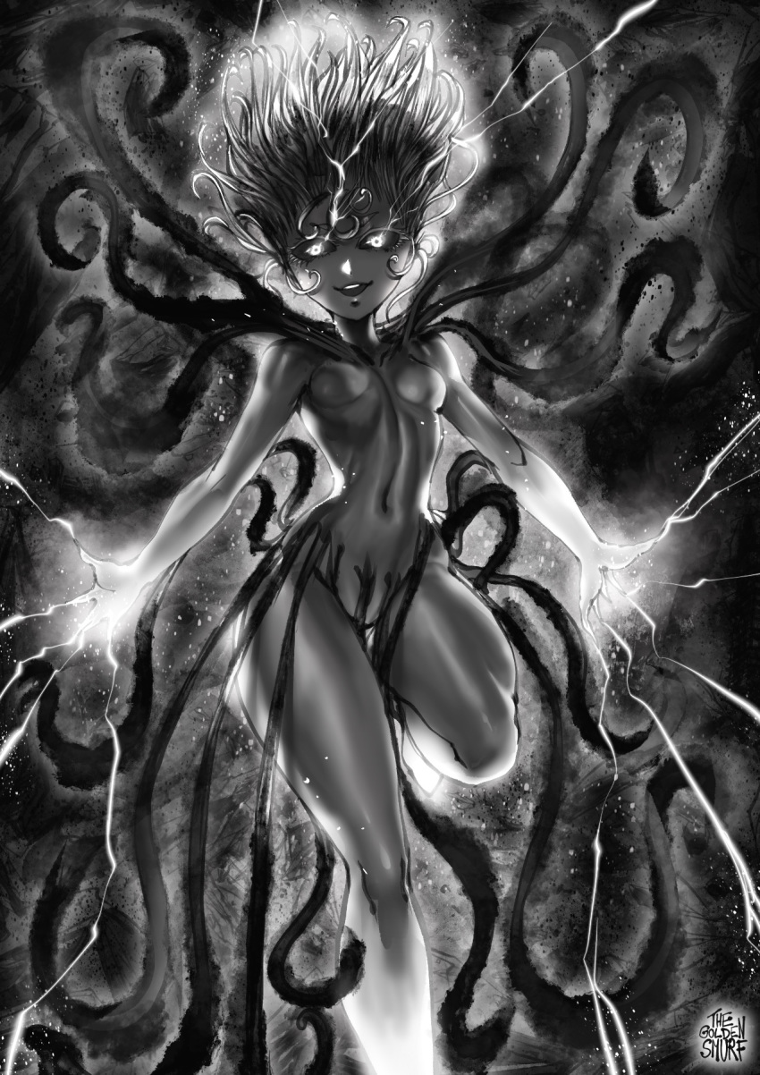 1girl alternate_form alternate_hair_color arms_at_sides aura black_sclera breasts collarbone dark_aura dark_skin floating_hair glowing glowing_eyes glowing_hair glowing_hands highres legs navel one-punch_man small_breasts smile solo tatsumaki telekinesis tentacles the_golden_smurf thick_thighs thighs thin_waist wide_hips