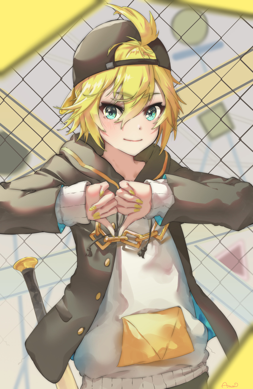 1boy absurdres azusa_(azunyan12) baseball_bat baseball_cap black_hoodie blonde_hair blue_eyes blurry blurry_background blurry_foreground caution_tape chain-link_fence chain_necklace commentary drawstring fence hands_together hat heart heart_hands highres hood hoodie kagamine_len male_focus nail_polish rettou_joutou_(vocaloid) road_sign shirt sign signature smile spiked_hair thumbs_down upper_body vocaloid white_shirt yellow_nails