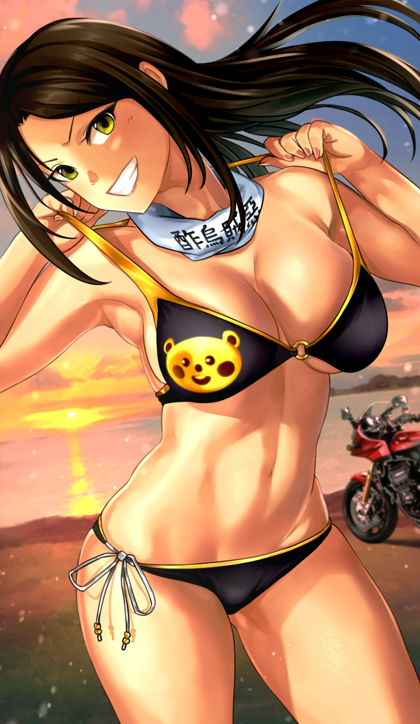 1girl :d absurdres armpits arms_up ass_visible_through_thighs bare_arms bare_shoulders bikini black_bikini black_hair blush breasts cleavage commentary_request cowboy_shot evening green_eyes grin ground_vehicle head_tilt highres idolmaster idolmaster_cinderella_girls large_breasts long_hair looking_at_viewer motor_vehicle motorcycle mukai_takumi navel ocean open_mouth outdoors ribbon side-tie_bikini smile solo solo07450075 stomach strap_lift sun sunset swimsuit teeth thighs toned water white_ribbon