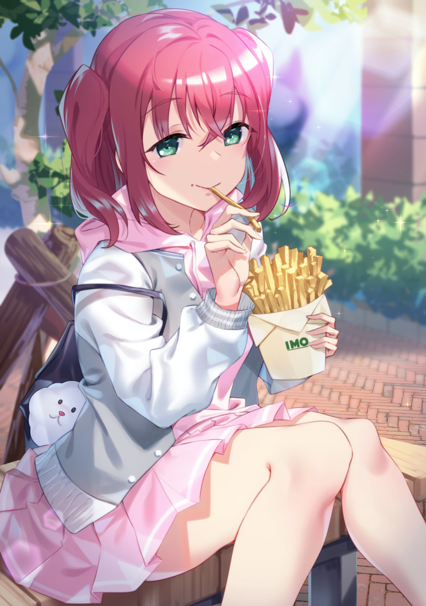 1girl absurdres backpack bag bangs bench blue_jacket blush closed_mouth commentary_request day eating eyebrows_visible_through_hair feet_out_of_frame firewood food french_fries green_eyes highres holding holding_food jacket kurosawa_ruby long_sleeves looking_at_viewer love_live! love_live!_sunshine!! miniskirt open_clothes open_jacket outdoors pink_hair pink_hoodie pink_skirt pleated_skirt short_hair sitting skirt smile solo tree two_side_up yamaori_(yamaorimon)