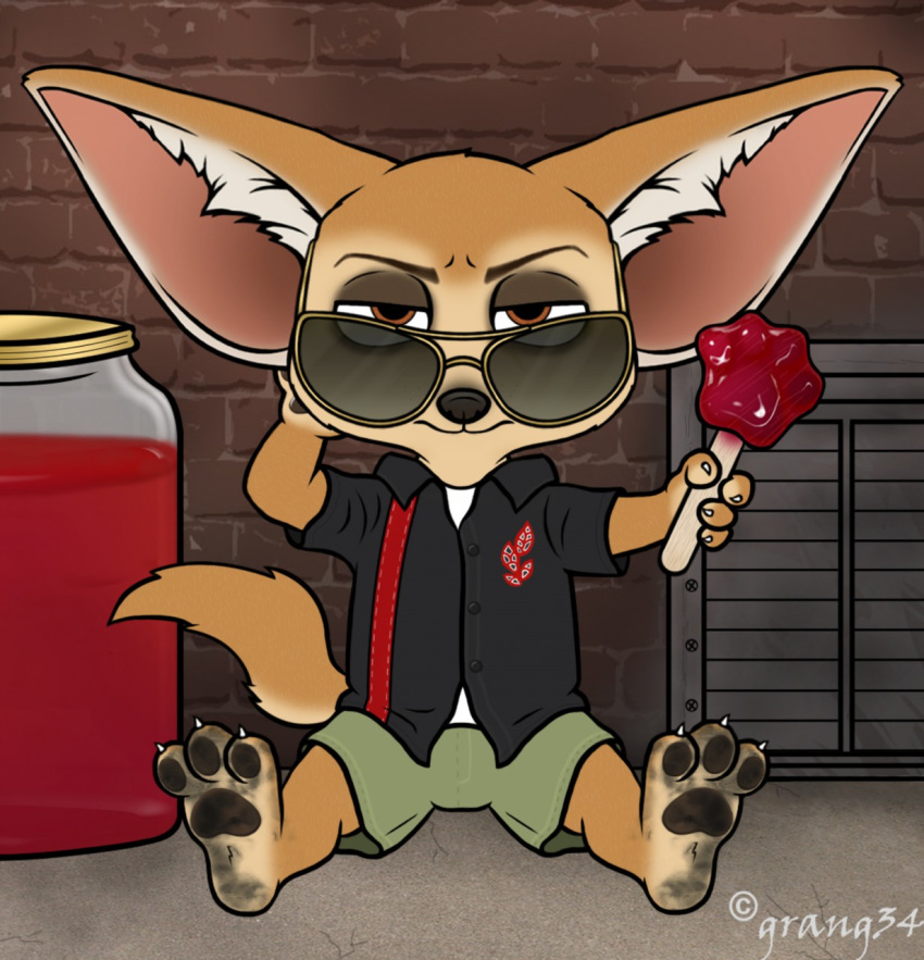 3_toes alley anthro barefoot bottomwear canid canine claws clothed clothing dirty_feet disney eyewear feet fennec finnick food fox fully_clothed grang34 hi_res jar looking_at_viewer male mammal outside pawpads pawpsicle paws popsicle shirt shorts soles solo sunglasses toe_claws toes topwear zootopia