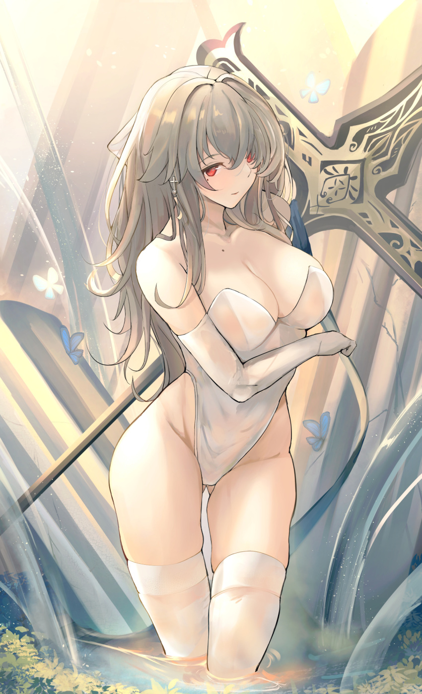 1girl absurdres azur_lane bangs bare_shoulders breasts bug butterfly cleavage cross cross_earrings earrings elbow_gloves gloves grey_hair hair_between_eyes highleg highleg_leotard highres insect jewelry large_breasts leotard long_hair mole mole_under_eye red_eyes saint-louis_(azur_lane) saint-louis_(brilliant_paladin)_(azur_lane) sidelocks skindentation sleeveless solo strapless strapless_leotard thighhighs thighs white_leotard yusha_(m-gata)