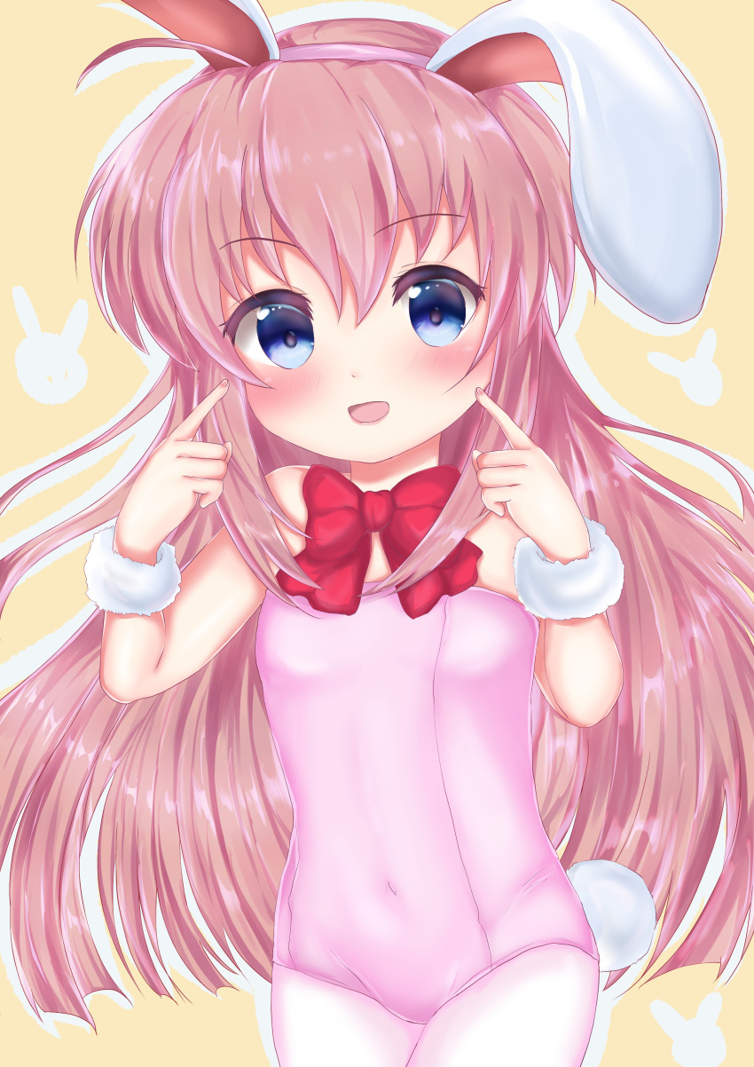 1girl absurdres animal_ears artist_request asakura_maina bare_shoulders blush bunny_ears bunny_girl bunny_tail bunnysuit fake_animal_ears hairband hajimete_no_oisha-san highres leotard long_hair open_mouth pantyhose pink_hair pink_leotard pointing pointing_at_self smile solo strapless strapless_leotard tail white_legwear wrist_cuffs