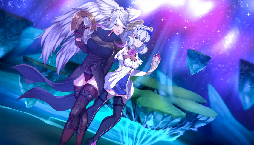 2girls aurora black_legwear braid breasts coattails crown_braid dutch_angle head_wings highres holding holding_mask juliet_sleeves leotard lips long_sleeves mask mask_removed medium_breasts melia_antiqua multiple_girls night night_sky o-ring o-ring_top outdoors puffy_sleeves saito_ryou sidelocks silver_hair sky smile thighhighs tyrea_(xenoblade) walking xenoblade_chronicles xenoblade_chronicles:_future_connected xenoblade_chronicles_(series)