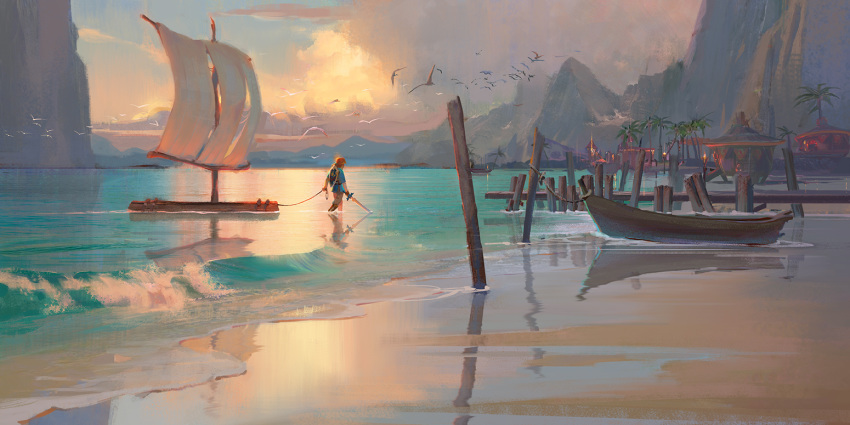 1boy animal beach bird blonde_hair blue_shirt cloud cloudy_sky commentary day holding holding_sword holding_weapon house hylian_shield link long_sleeves mountainous_horizon ocean outdoors pixiescout pointy_ears raft sail scenery shirt short_over_long_sleeves short_sleeves sky solo sword the_legend_of_zelda the_legend_of_zelda:_breath_of_the_wild torn wading water weapon