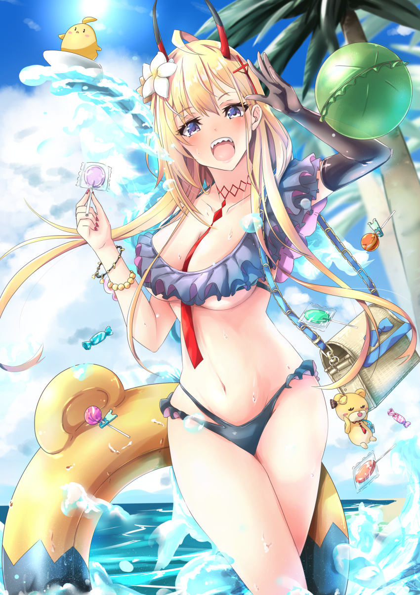 1girl ahoge arms_up azur_lane bag bag_charm ball bangs beachball between_breasts bikini blonde_hair blush bracelet breasts candy charm_(object) choker cross_hair_ornament elbow_gloves flower food frilled_bikini frills gloves gudon_(iukhzl) hair_flower hair_ornament handbag highres holding holding_candy holding_food holding_lollipop horns innertube jewelry kumano_(azur_lane) kumano_(fancy_waves)_(azur_lane) large_breasts lollipop long_hair looking_at_viewer manjuu_(azur_lane) midriff multicolored multicolored_bikini multicolored_clothes nail_polish navel oni_horns open_mouth outdoors palm_tree purple_eyes red_nails red_neckwear sharp_teeth single_elbow_glove solo splashing sunlight surfboard surfing sweat swimsuit teeth thighs tree underboob water wet white_flower