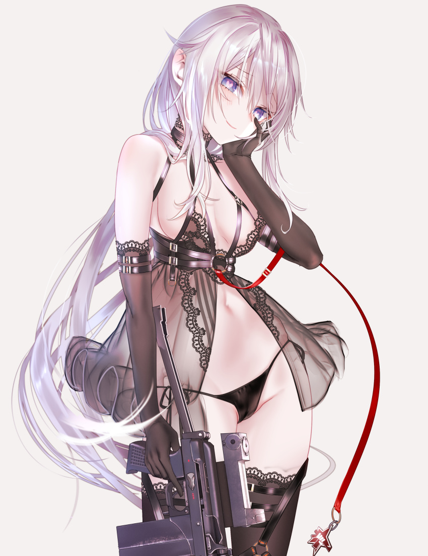 1girl 9a-91 9a-91_(girls_frontline) absurdres assault_rifle bangs bare_shoulders belt black_babydoll black_gloves black_legwear black_panties blue_eyes blush breasts cameltoe closed_mouth cowboy_shot elbow_gloves furrowed_eyebrows girls_frontline gloves grey_background gun hair_between_eyes hair_ornament half-closed_eyes hand_on_own_cheek hand_on_own_face heart heart-shaped_pupils highleg highleg_panties highres holding holding_gun holding_weapon lace lace-trimmed_legwear lace_trim lingerie long_hair looking_at_viewer low_ponytail medium_breasts navel o-ring panties parted_lips ponytail pottsness rifle see-through side-tie_panties sidelocks silver_hair simple_background smile solo star_(symbol) stomach string_panties symbol-shaped_pupils thighhighs trigger_discipline underwear weapon