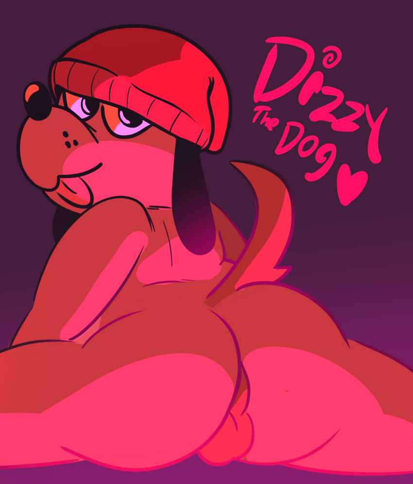anthro balls beanie butt canid canine canis clothing crouching dizzy_the_dog dizzysauce_nsfw domestic_dog droopy_ears genitals hat headgear headwear hi_res looking_at_viewer male mammal perineum solo tongue