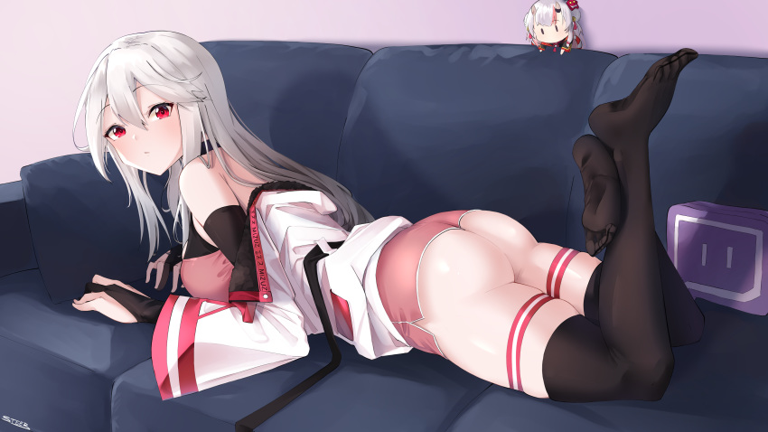1girl absurdres ass black_gloves black_legwear bridal_gauntlets couch elbow_gloves feet_up gloves highres legs_up long_hair lying on_couch on_stomach original over-kneehighs partly_fingerless_gloves pink_shorts red_eyes short_shorts shorts solo steeb the_pose thigh_strap thighhighs white_hair