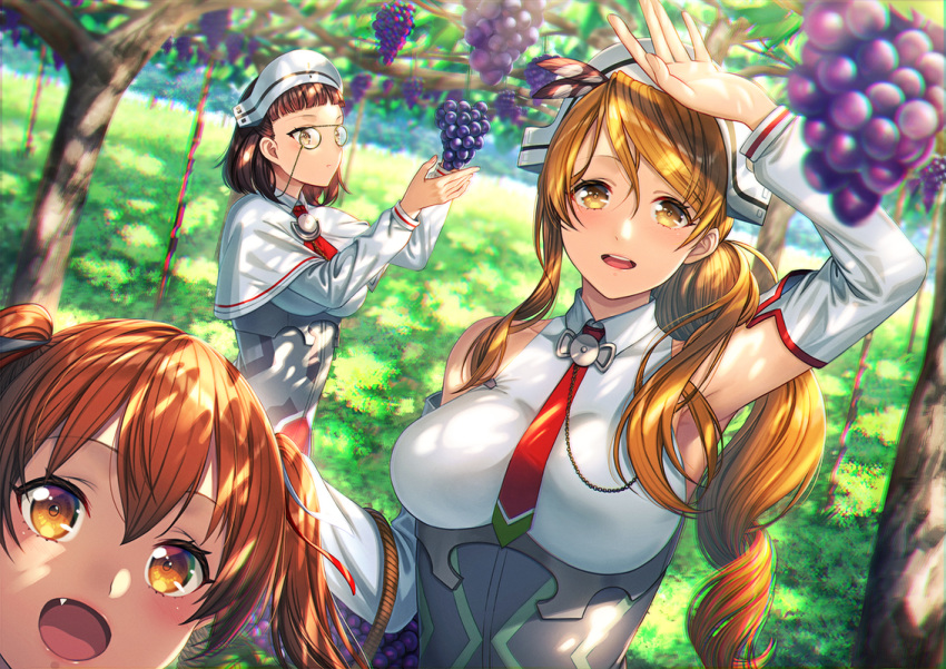 3girls :d blush breasts brown_eyes brown_hair capelet day eyebrows_visible_through_hair fang food fruit grapes hair_between_eyes kantai_collection large_breasts libeccio_(kantai_collection) light_brown_hair littorio_(kantai_collection) long_hair long_sleeves multiple_girls necktie open_mouth pince-nez red_neckwear roma_(kantai_collection) shirt short_hair sleeveless sleeveless_shirt smile twintails unowen white_capelet white_shirt