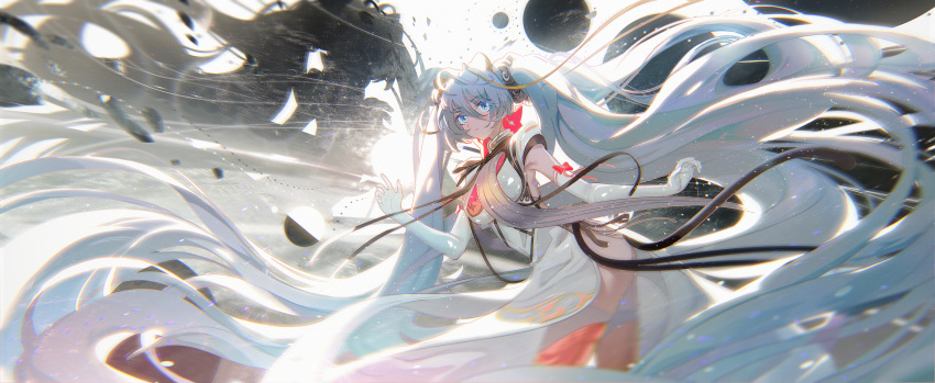 1girl blue_eyes blue_hair bow breasts cowboy_shot dress earrings elbow_gloves floating_hair gloves hair_ornament hand_up hatsune_miku headgear highres jewelry leaning_forward long_hair looking_afar motion_blur outstretched_arm red_bow red_legwear side_slit solo sphere thighhighs twintails very_long_hair visible_air vocaloid white_background white_dress white_gloves white_legwear ying_yi
