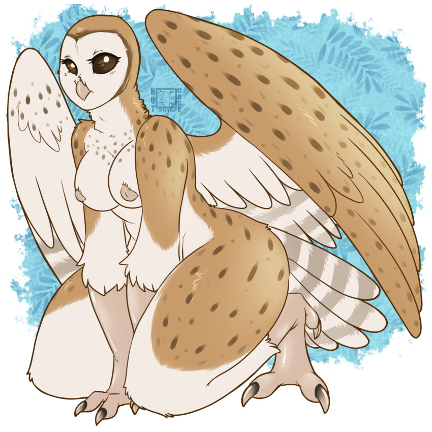 1:1 4_toes anisodactyl anthro avian barn_owl beak bird bird_feet breasts eyelashes feathered_wings feathers female hi_res kneeling masked_owl nipples non-mammal_breasts nut-case owl solo spots tan_body tan_feathers thick_thighs toes tytonid wide_hips wings