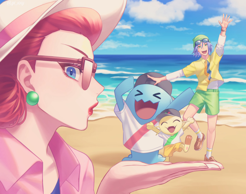 beach blue_eyes blue_hair close gi_xxy glasses green_eyes hat kojiro_(pokemon) male meowth musashi_(pokemon) pokemon red_hair shorts socks water watermark wobbuffet wristwear