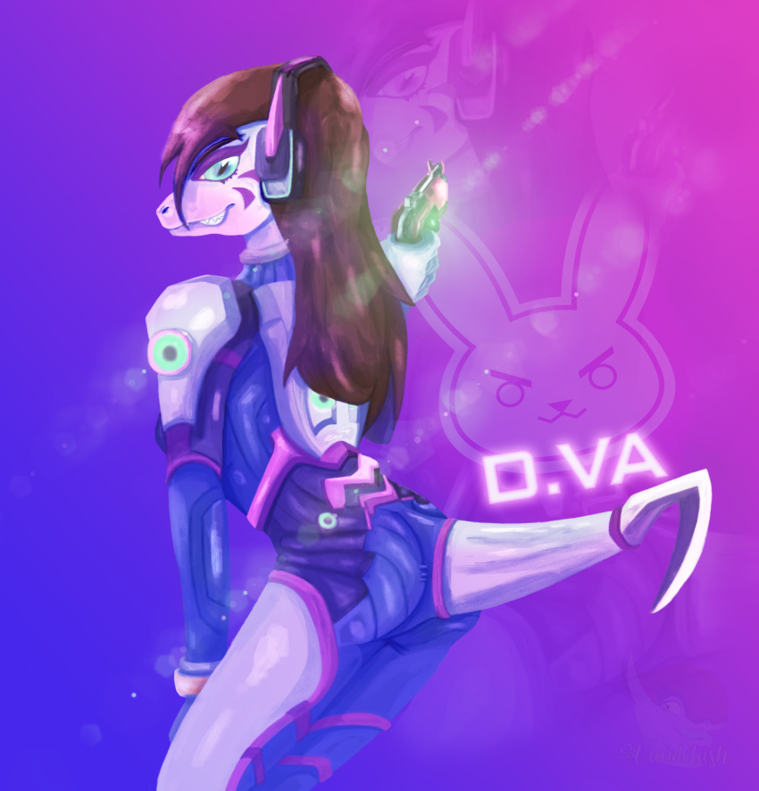 absurd_res armor blizzard_entertainment butt clothing d.va dva female gift gloves gun handgun handwear headgear headphones headset hi_res knife lizard logo overwatch pads_(disambiguation) pistol ranged_weapon reptile scalie slim vandclash video_games weapon