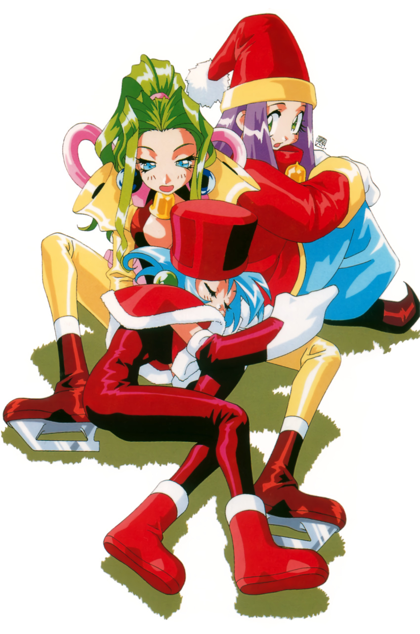 1990s_(style) 3girls bell blue_eyes boots cello_(lamune) closed_eyes drum_(lamune) earrings elbow_gloves gloves green_eyes green_hair hat highres ice_skates jewelry kotobuki_tsukasa light_blue_hair long_hair lying multiple_girls official_art on_side open_mouth pointy_footwear purple_hair red_footwear red_headwear santa_hat short_hair simple_background sitting skates trumpet_(lamune) vs_knight_lamune_&amp;_40_fire white_background