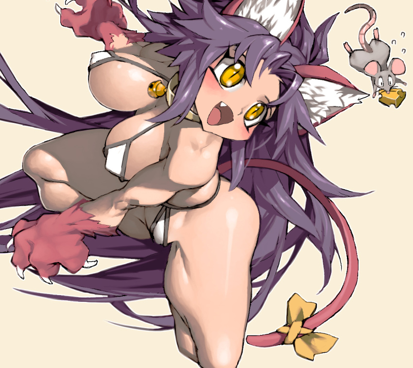 1girl animal animal_ear_fluff animal_ears bikini breasts cat_ears cat_girl cat_tail chasing cheese claws commentary_request covered_nipples fang food food_in_mouth fur large_breasts long_hair micro_bikini mouse open_mouth original purple_hair ribbon slender_waist slit_pupils spaghetti_strap swimsuit tail tail_ribbon thick_thighs thighs very_long_hair white_bikini yellow_eyes ysk!