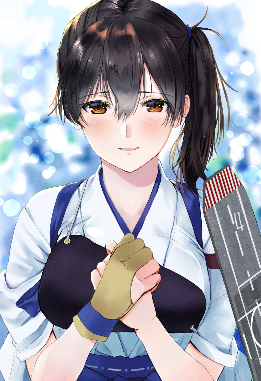 1girl absurdres black_hair blue_hakama brown_eyes brown_gloves commentary_request flight_deck gloves hakama hakama_skirt hands_on_own_chest highres japanese_clothes kaga_(kantai_collection) kantai_collection long_hair looking_at_viewer magai_akashi muneate partly_fingerless_gloves side_ponytail single_glove smile solo tasuki upper_body water yugake
