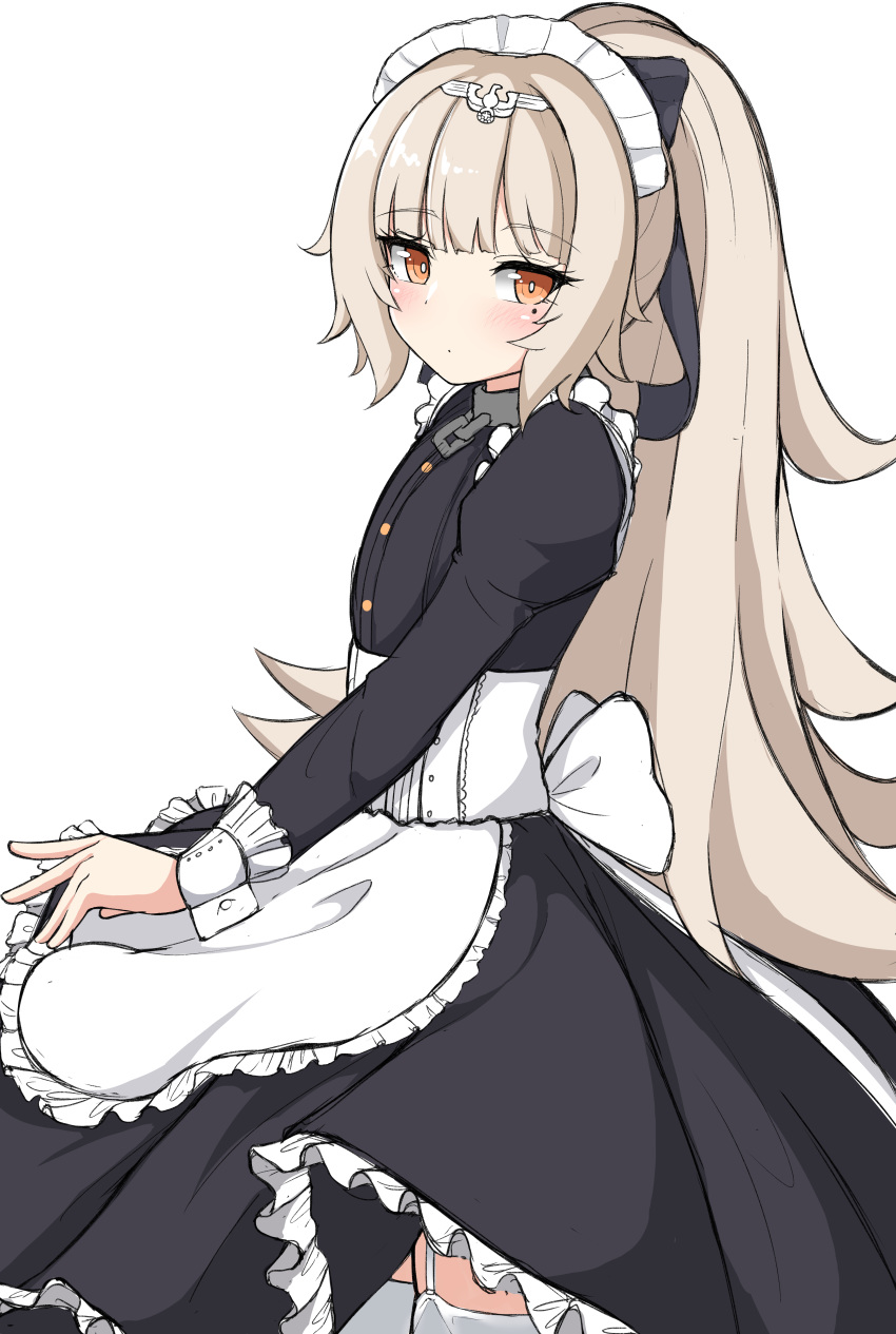 1girl absurdres alternate_costume apron azur_lane black_dress black_ribbon blush brown_eyes closed_mouth dress enmaided frilled_apron frilled_dress frills from_side garter_straps hair_ribbon high_ponytail highres juliet_sleeves light_brown_hair long_hair long_sleeves looking_at_viewer looking_to_the_side maid maid_headdress mole mole_under_eye moyoron ponytail puffy_sleeves ribbon simple_background solo thighhighs very_long_hair waist_apron white_apron white_background white_legwear z46_(azur_lane)