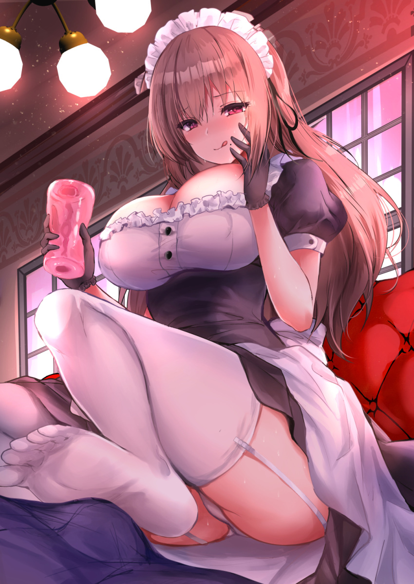 1boy 1girl :p artificial_vagina bangs black_gloves blush breasts brown_hair bulge eyebrows_visible_through_hair footjob from_below garter_straps gloves highres large_breasts long_hair looking_at_viewer mafuyu maid maid_headdress mole mole_under_mouth original panties pantyshot puffy_short_sleeves puffy_sleeves red_eyes sex_toy short_sleeves sitting solo_focus thighhighs tongue tongue_out underwear white_legwear white_panties