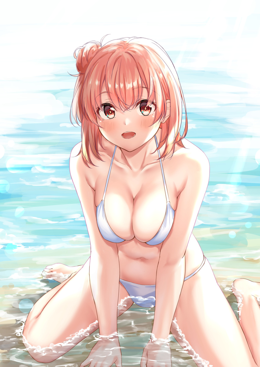 1girl :d bangs bare_arms bare_legs bare_shoulders barefoot between_legs bikini blush breasts brown_eyes cleavage collarbone commentary_request day eyebrows_visible_through_hair hair_bun hand_between_legs highres large_breasts light_rays looking_at_viewer meri-san navel open_mouth outdoors pink_hair shallow_water short_hair side_bun sitting smile solo stomach sunbeam sunlight swimsuit wariza water white_bikini yahari_ore_no_seishun_lovecome_wa_machigatteiru. yuigahama_yui