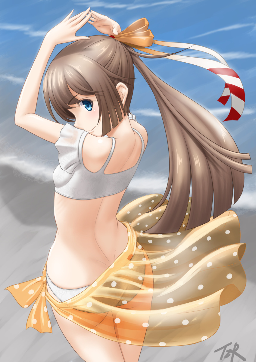 1girl arms_up beach bikini brown_hair from_behind hair_ribbon highres kantai_collection kazagumo_(kantai_collection) long_hair looking_at_viewer looking_back ocean outdoors polka_dot polka_dot_sarong ponytail ribbon sand sarong see-through silver_eyes solo swimsuit t2r translucent_sarong white_bikini yellow_sarong