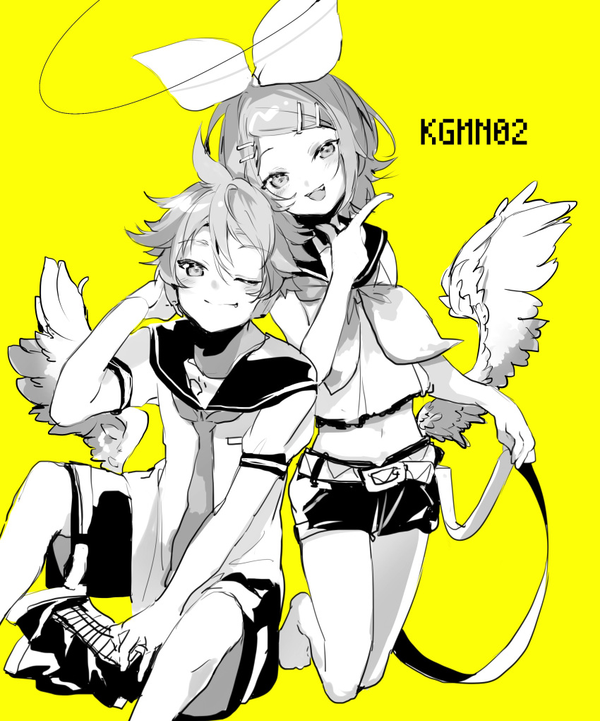 1boy 1girl absurdres bangs bare_shoulders bass_clef belt black_collar black_shorts bow collar commentary crop_top feathered_wings finger_gun greyscale hair_bow hair_ornament hairclip half-closed_eyes headphones highres holding_belt kagamine_len kagamine_rin kneeling looking_at_viewer midriff monochrome navel neckerchief necktie one_eye_closed open_mouth oyamada_gamata sailor_collar school_uniform shirt short_hair short_shorts short_sleeves shorts sitting sleeveless sleeveless_shirt sleeves_removed smile spiked_hair swept_bangs symbol_commentary vocaloid white_bow white_shirt wings yellow_background