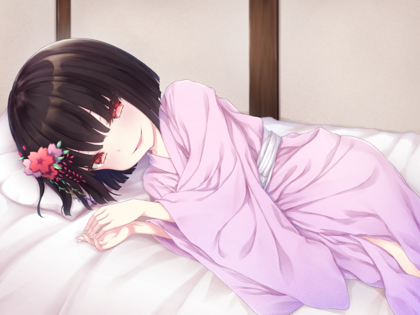 1girl black_hair commentary_request futon hair_ornament highres indoors japanese_clothes kimono lying obi on_side original pillow purple_kimono red_eyes sasasa_(nashi) sash short_hair solo wide_sleeves youkai yukata zashiki-warashi