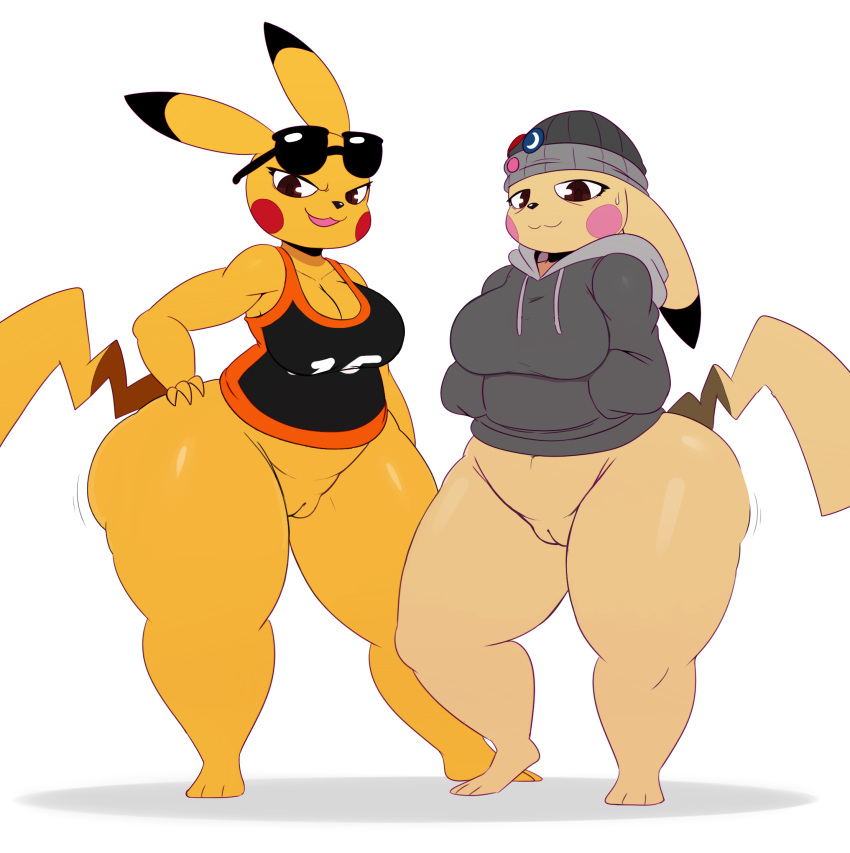 2017 anthro anthrofied big_booty_pikachu bodily_fluids bottomwear breasts clothed clothing duo edit eyewear female genitals hi_res hoodie looking_at_viewer mammal nintendo partially_clothed pikachu pok&eacute;mon pok&eacute;mon_(species) pok&eacute;morph pussy skimpy sssonic2 sunglasses sweat thick_thighs topwear vein video_games wide_hips